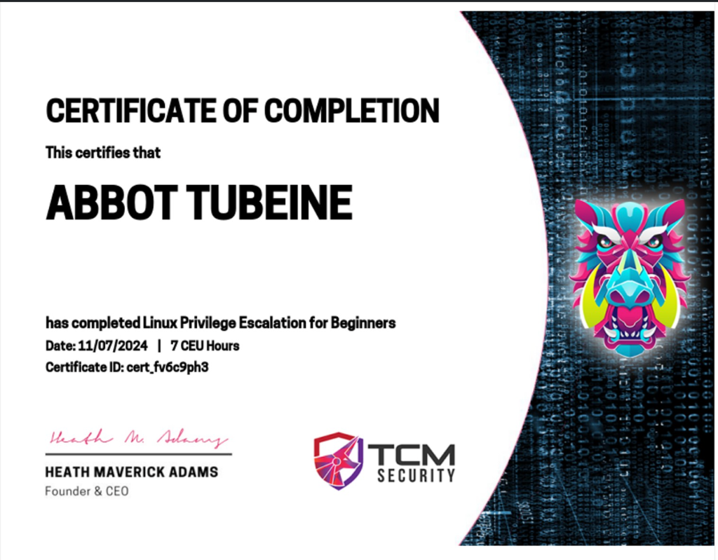 Linux Privilege Escalation for Beginners Certificate