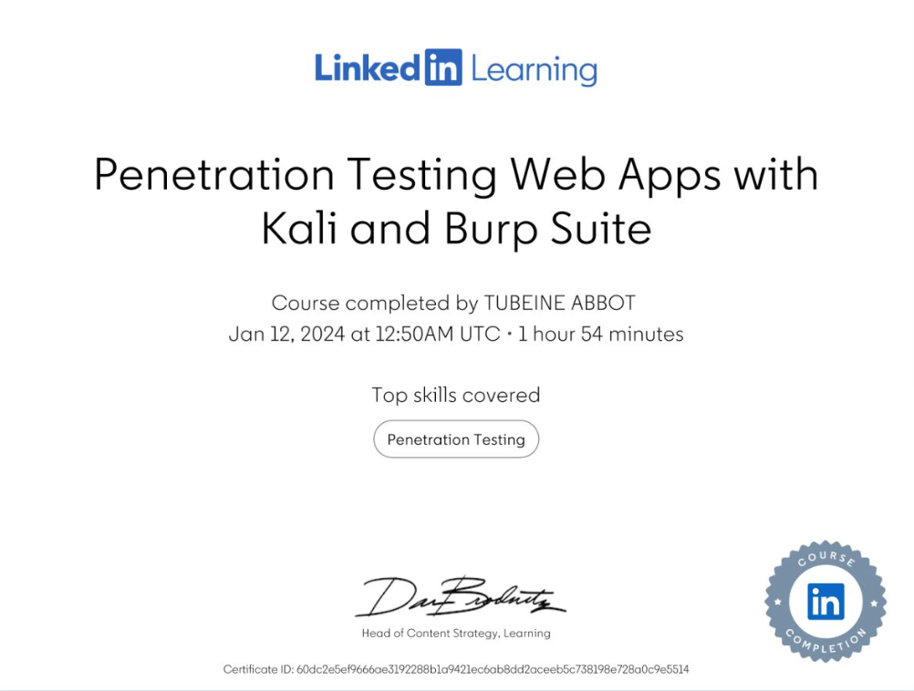 Penetration Testing Web Apps with Kali and Burp Suite Certificate