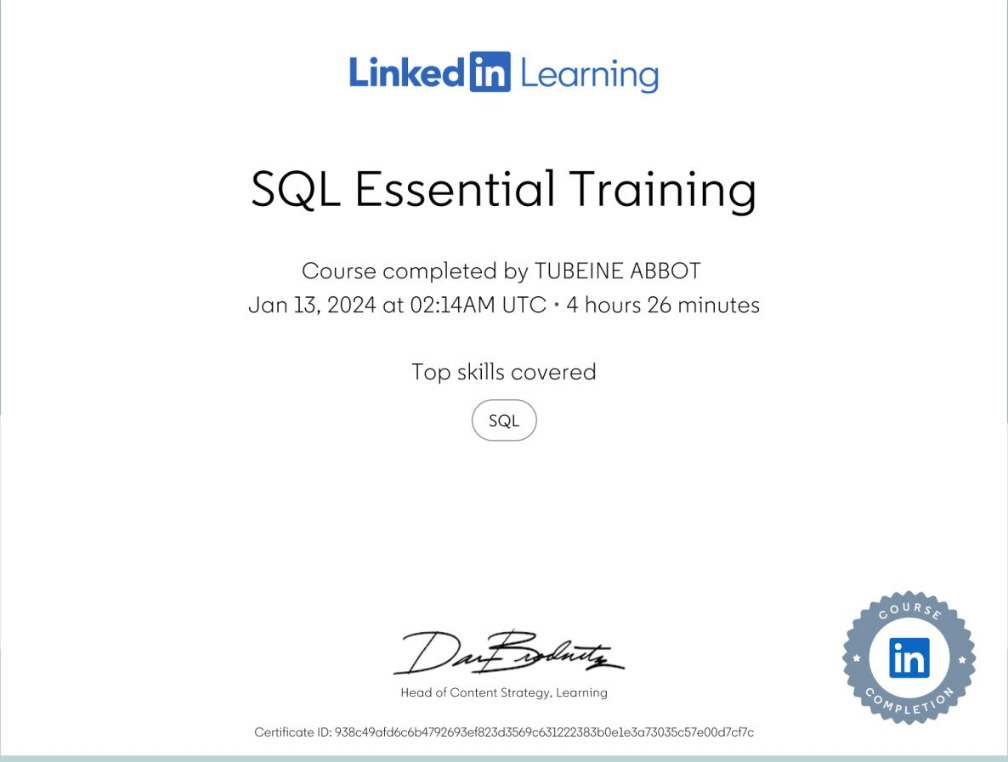 SQL Essential Training Certificate
