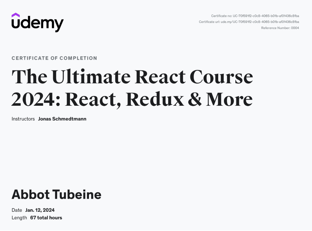 The Ultimate React Course Certificate