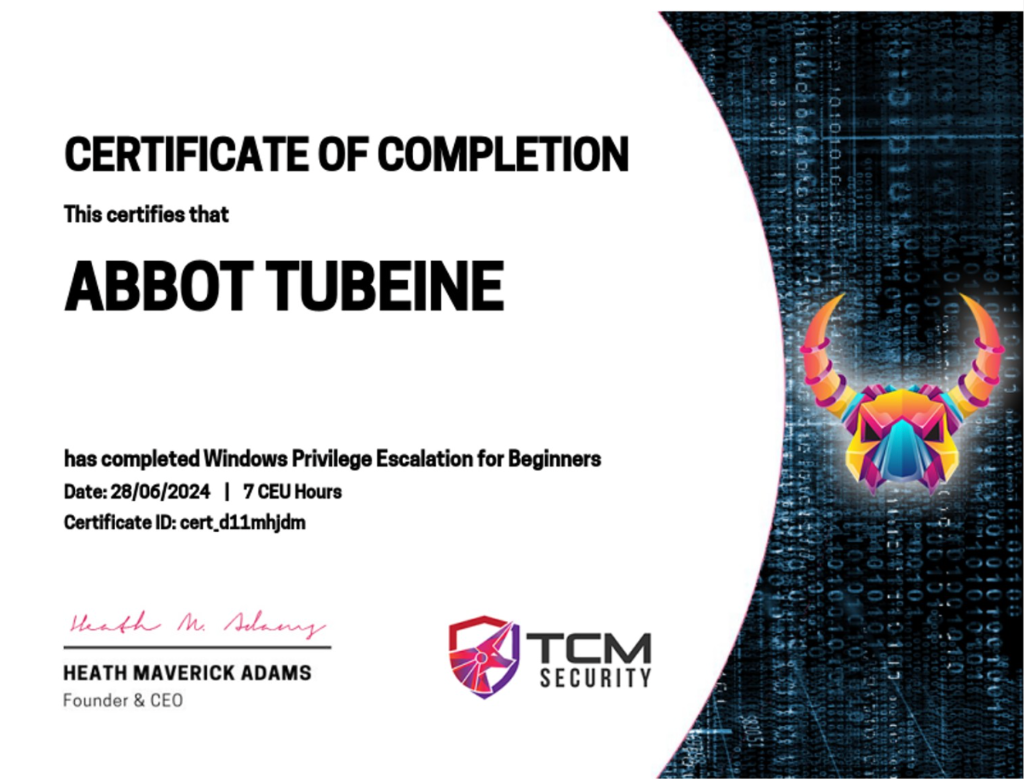 Windows Privilege Escalation for Beginners Certificate